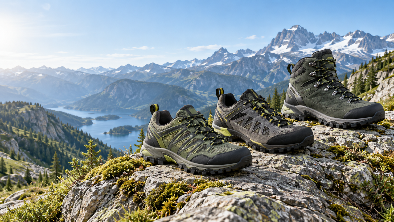 Technical hiking shoes and hiking boot on an alpine trail